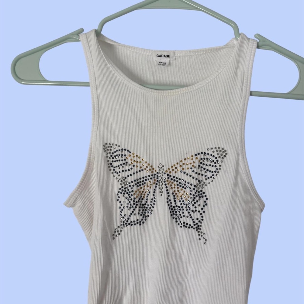 Garage white rhinestone butterfly cropped tank top
